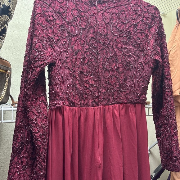 Modest burgundy long sleeve maxi dress with lace top & train with zipper… - Picture 7 of 8